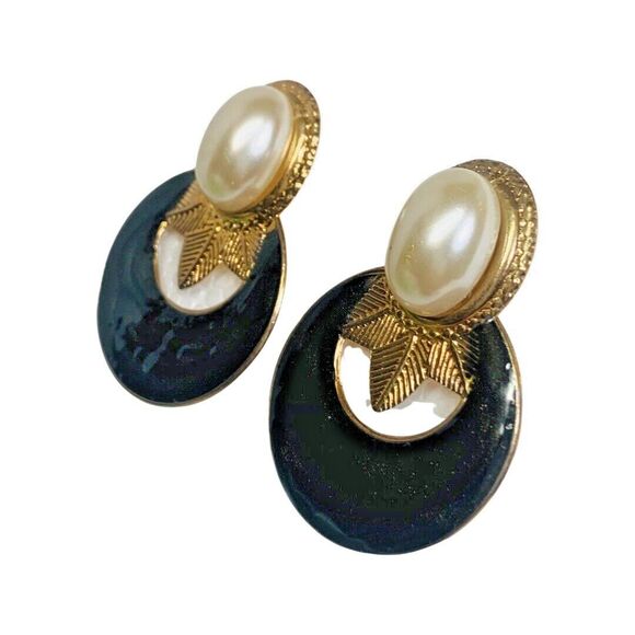 Gold Tone Large Hoop Statement Earrings 2" Gray Enamel White Pearl Cabochon - Picture 4 of 8